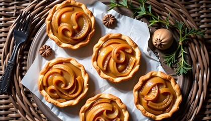Delicious food photography of homemade caramel apple tarts rustic kitchen vibrant setting aesthetic appeal
