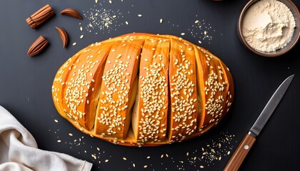 Delicious freshly baked sesame bread kitchen food photography warm environment top down view culinary art