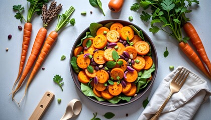Colorful vegetable salad photography modern kitchen fresh ingredients natural light vibrant presentation food art