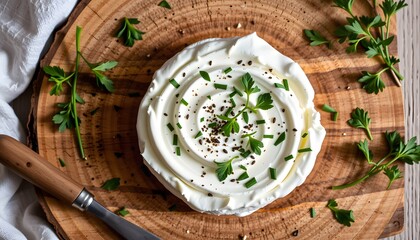 Culinary art showcase creamy cheese spread on wooden board food photography rustic kitchen close-up view