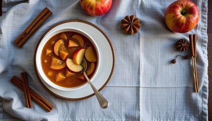 Autumn apple cinnamon soup cozy kitchen food photography warm atmosphere aerial view comforting concept