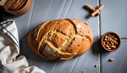 Baking artisan bread kitchen food photography cozy setting overhead view culinary art