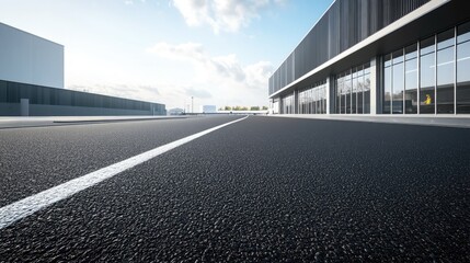 Modern Building Exterior, Asphalt Road, Clear Sky, Empty Parking Lot, Architectural Design