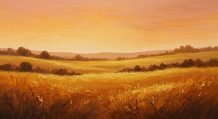 Fototapeta premium Golden Sunset Landscape Painting Rolling Hills Wheat Field Warm Colors Impressionistic Style