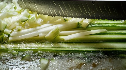 Detailed view of knife slicing through vegetables for cooking Food preparation precision