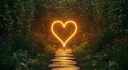 Illuminated Heart Shaped Neon Sign on Garden Path at Dusk