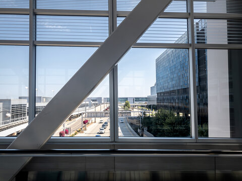 Minneapolis Saint Paul Airport&rsquo;s terminal, framed by large windows and structural beams. MSP is a major airline hub in the Midwest, in minnesota, united states.