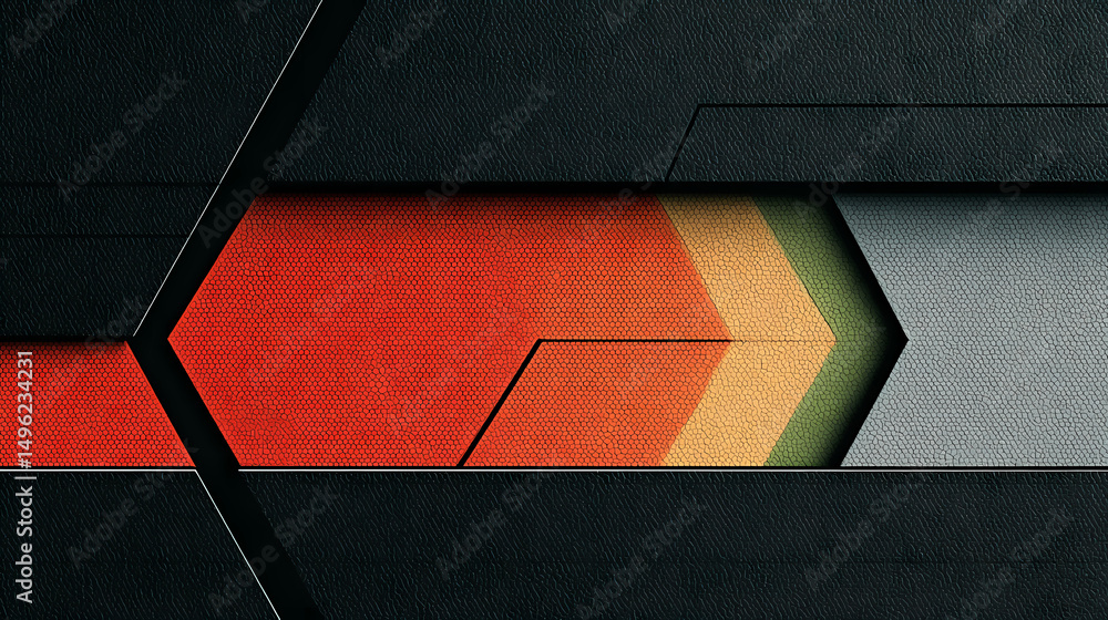 Wall mural minimalist tech background with raised hexagon and rainbow illuminated edge. black surface with embo