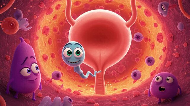 Funny microscopic journey through the urinary system, animated characters inside