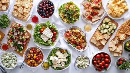 Overhead View of Delicious Buffet Table with Salads, Cheese, Crackers, and More!