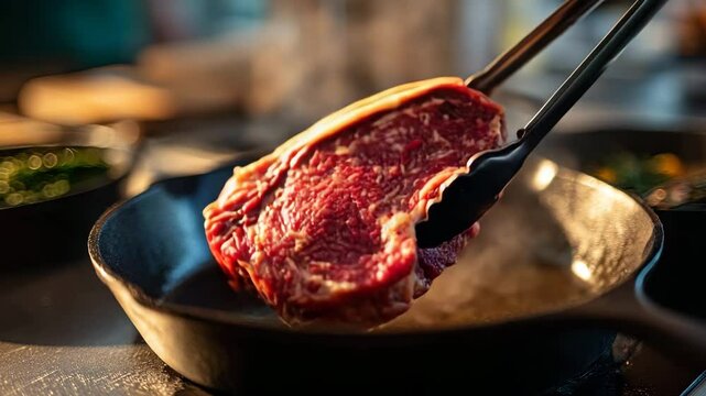 Raw ribeye steak placed in hot skillet with metal tongs under warm kitchen lighting With blurry background and side dishes. Concept of gourmet cooking and culinary precision