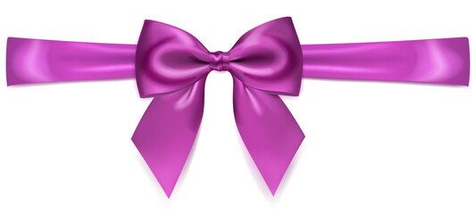 A vibrant vector illustration with beautiful large purple shiny bow with horizontal ribbon and soft shadow on white background, perfect for gift wrapping or decorative purposes.