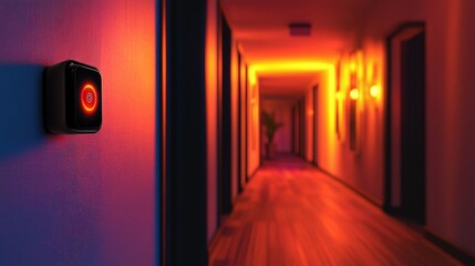 Red Illuminated Hotel Corridor with Wall Switch