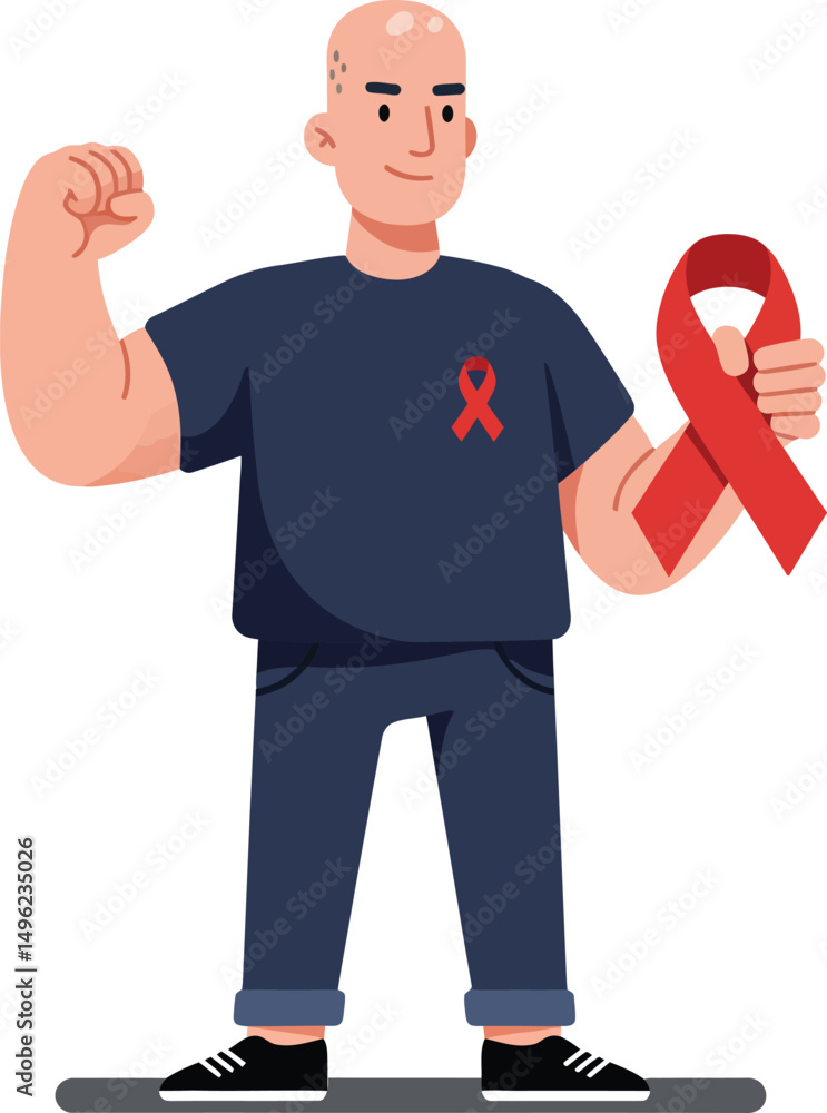 Poster bald man showing strength with red ribbon symbol for awareness and support of health causes vector i