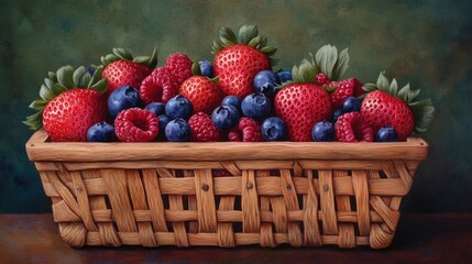 Summer Berry Basket: A Still Life Painting of Strawberries, Raspberries and Blueberries