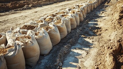 Sunlight illuminates rows of sandbags filled with earth along a dirt road