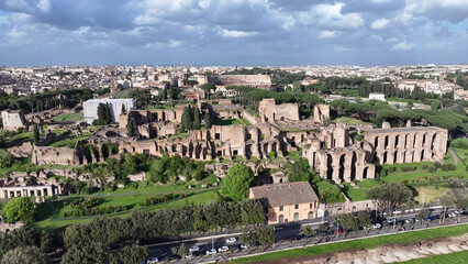 Obraz premium Archaeological Park At Rome In Lazio Italy. Medieval Buildings. Downtown District. Archaeological Park At Rome In Lazio Italy. Archaeological Excavation. Cultural Heritage. Rome Skyline.