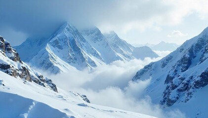 Obraz premium Majestic snow-covered mountain peaks shrouded in a heavy blizzard, a dramatic winter wonderland scene The swirling snow creates a sense of awe and isolation , snowdrift, winter, alpine