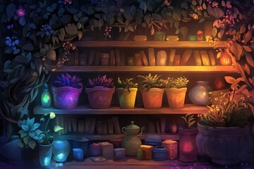 Maximalist bookshelf with rainbow planters, stacked trinket boxes, and tangled vines