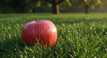 A single red apple fallen on the grass in an orchard, morning dew on the apple, soft natural light