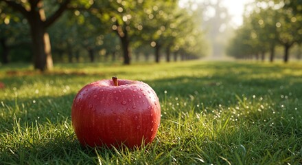 A single red apple fallen on the grass in an orchard, morning dew on the apple, soft natural light