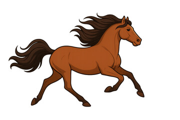 Cartoon brown horse galloping, wind-blown mane streaming, transparent backdrop highlighting dynamic movement