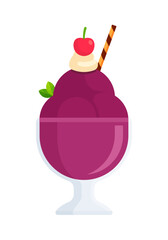 Acai ice cream sundae in glass cup with cherry, whipped cream, cookie stick, and leaf decoration. Flat vector illustration isolated on white background. Summer dessert concept