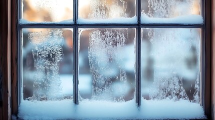 Naklejka premium Frosty window pane adorned with ice crystals in winter.