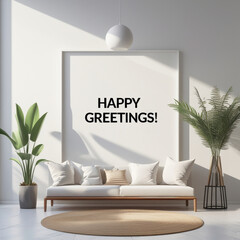 Bright and inviting living room featuring a white sofa, lush plants, and a cheerful 'Happy Greetings' wall decor in a minimalist setting. Perfect for themes of comfort, relaxation, and modern interior