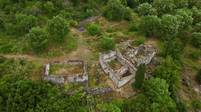 Aerial drone view of Odysseus Palace Ithaca ancient building school of Homer Greece 