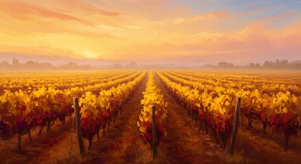 Golden Hour Vineyard Rows of Grapevines at Sunset Autumnal Landscape