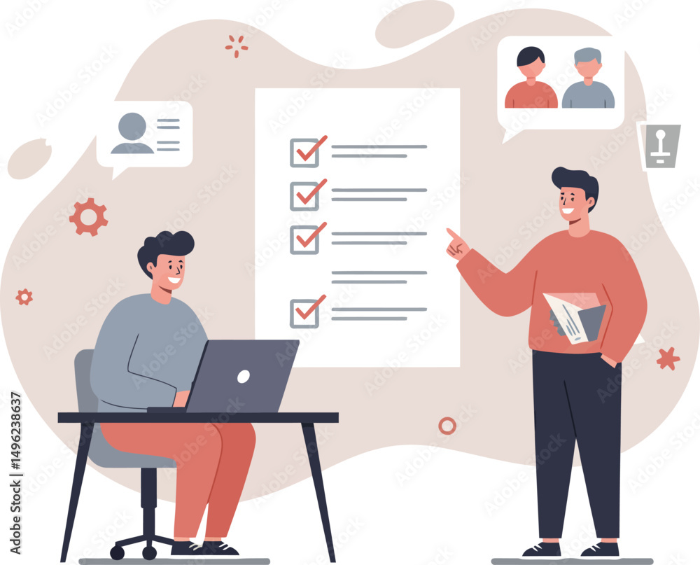 Poster two men collaborating on project checklist with laptop and documents in modern office setting vector