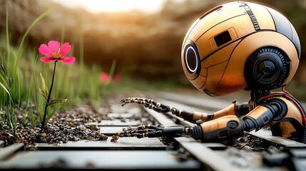 Naklejka premium A small robotic figure kneeling beside a vibrant flower on a railway track during sunset