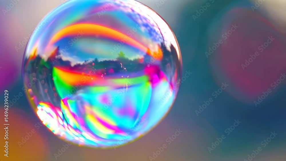 Poster Abstract shot of iridescent soap bubble with colorful reflection of trees and sky floating against blurred bokeh background