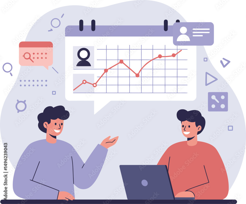 Poster business meeting with data analysis and chart presentation for team collaboration and growth discuss