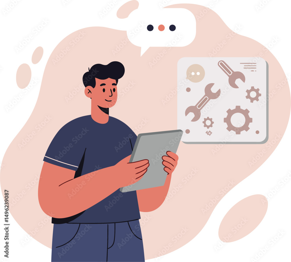 Poster young man using tablet with technical tools icons and chat bubble for digital troubleshooting and te