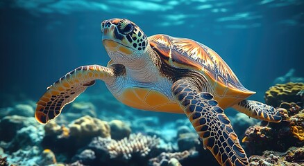 Obraz premium Sea turtle swimming in vibrant coral reef