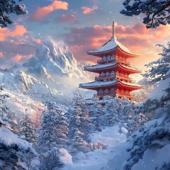 A winter wonderland scene with a traditional pagoda nestled amongst snowy peaks.