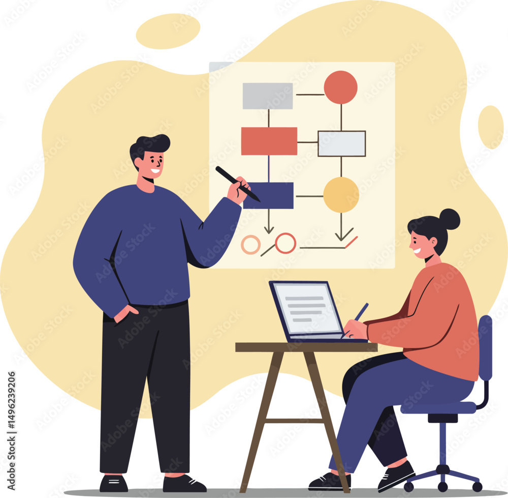 Poster business team collaboration with flowchart presentation and laptop working in office environment vec