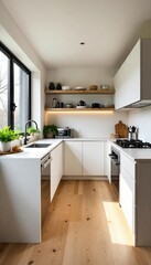 Fototapeta premium A bright, modern shared kitchen with stainless steel appliances, ample counter space, and sleek cabinetry Perfect for apartment living or co-working spaces , stainless steel appliances, faucet