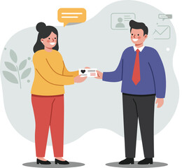 Fototapeta premium Business teamwork collaboration with man and woman exchanging credit card in professional office setting vector illustration 