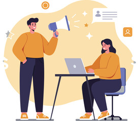 Fototapeta premium Man with megaphone communicating with woman working on laptop in casual office setting vector illustration 