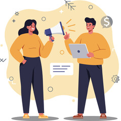 Young man and woman using megaphone and laptop for communication and business discussion in yellow and black outfit vector illustration 