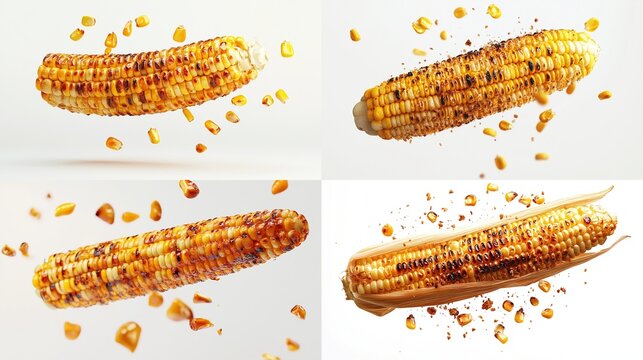Four views of a grilled corn cob with corn kernels scattered around, showcasing a golden-brown, roasted appearance - Powered by Adobe