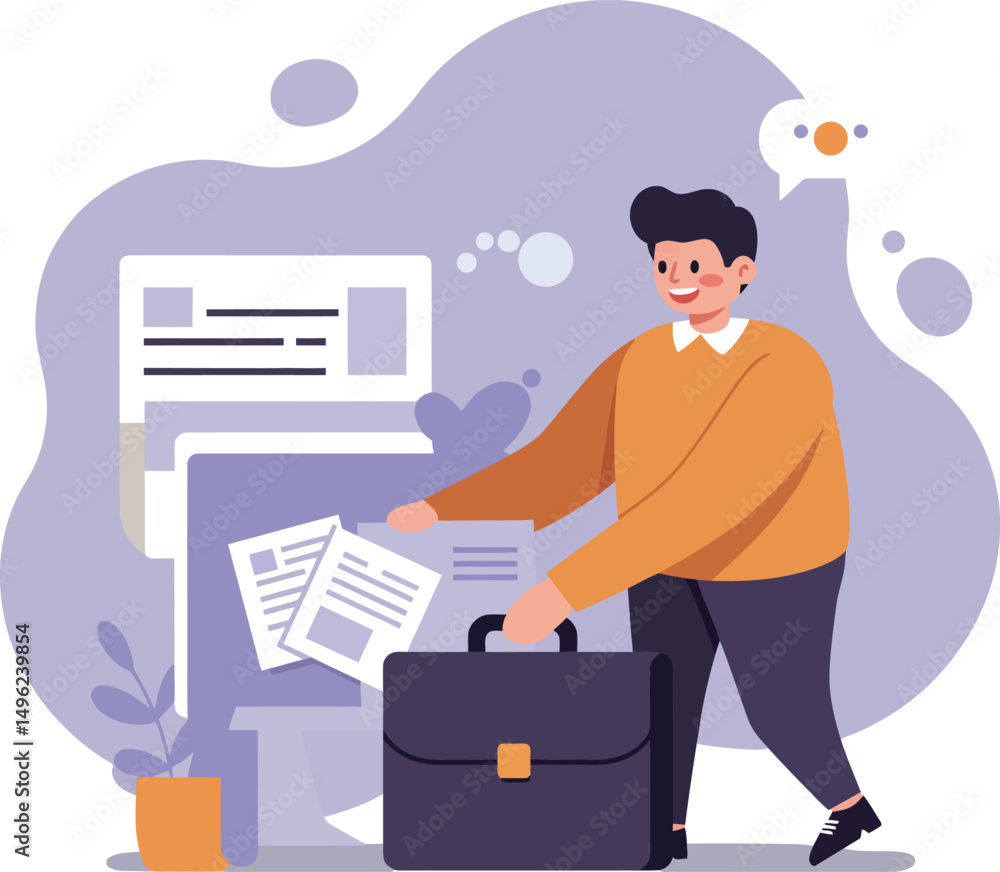 Poster man carrying briefcase and documents in office environment vector illustration showing business work