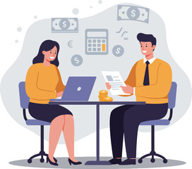 Business meeting with man and woman discussing financial documents and laptop at table in office setting 
