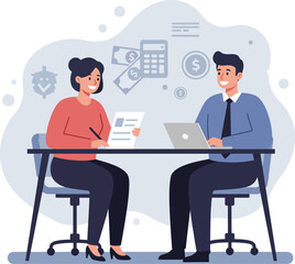 Fototapeta premium Financial consultation meeting with businesswoman and businessman discussing budget and investment planning vector illustration 