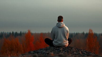 Fototapeta premium A solitary figure meditating on a rocky outcrop during sunset, surrounded by vibrant autumn foliage