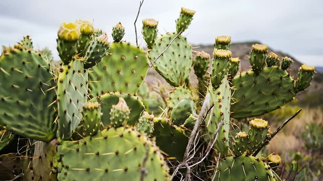 Green Prickly Pear Cactus with Yellow Flowers on Hillside against Cloudy Sky