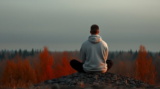 A solitary figure meditating on a rocky outcrop during sunset, surrounded by vibrant autumn foliage - Powered by Adobe